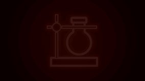 Glowing neon line Glass test tube flask on stand icon isolated on black background. Laboratory equipment. 4K Video motion graphic animation.