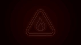 Glowing neon line Fire flame in triangle icon isolated on black background. Warning sign of flammable product. 4K Video motion graphic animation.