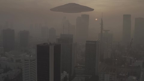 Alien ufo Inavsion over large city, aerial view
drone view of Big city in dust with alien mother ship and armada fleet
