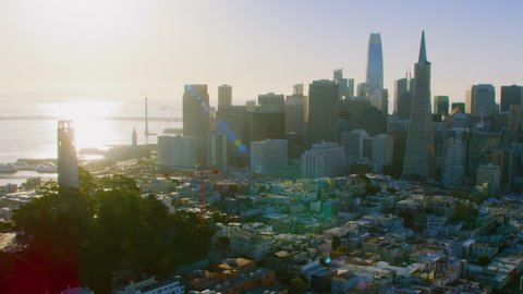 Great aerial view of San Francisco skyscrapers. City skyline. California, United States. Shot in 8K.