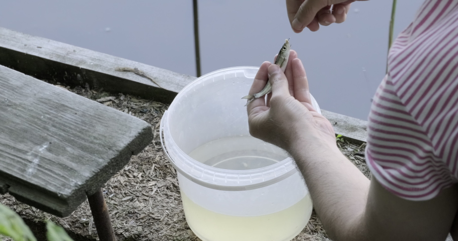 Man holds a fish caught on fishing rod. Men