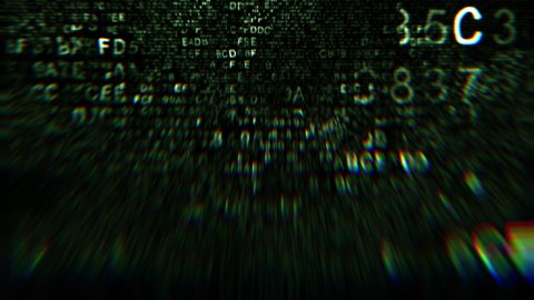 Abstract green hexadecimal code loop background. Concept 3d animation for digital cyber security, chaos hacking, and cryptocurrency internet coding. Chaotic virtual reality flickering computer screen.
