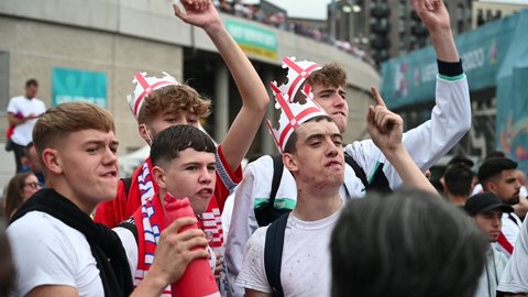 London, UK - July 11 2021: England Fans chanting outside Wembley Stadium for the Euro 2020 Final