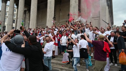 London, UK - July 11 2021: Crowd of England fans in Trafalgar Square before the Euro 2020 England v Italy Final