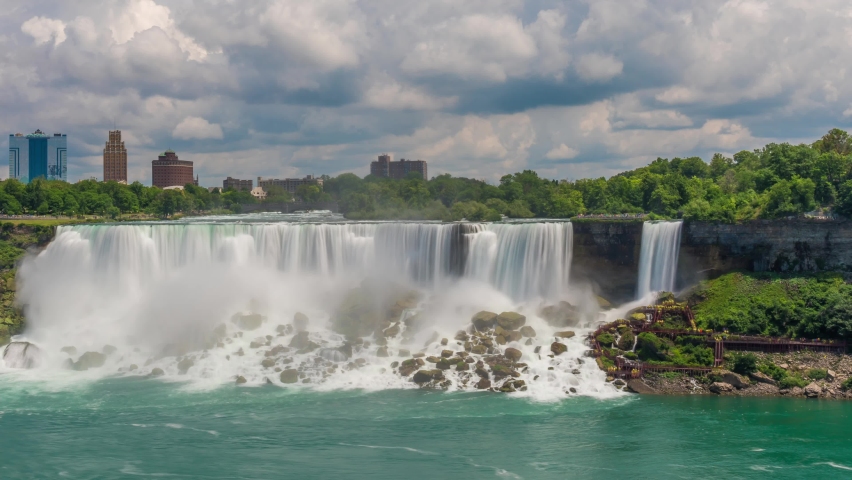 4K footage of timelapse Niagara Falls, Ontario, Canada, in sunny weather with clouds moving by in background and tourism.Long exposure timelapse.