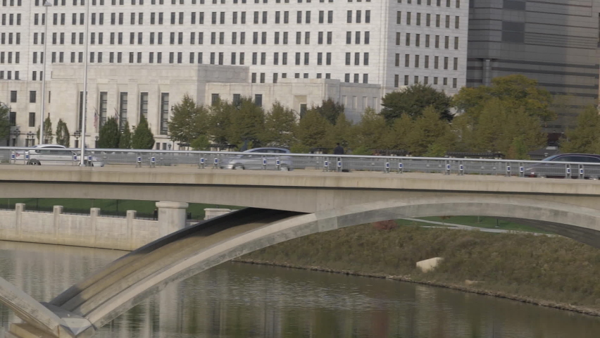 Slow Motion of Daily Traffic on Rich Street Bridge Above Scioto River, Columbus, Ohio USA