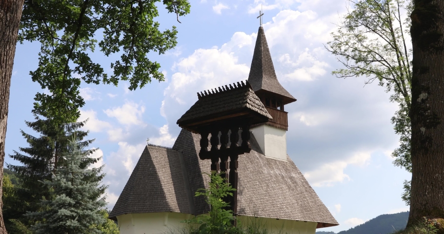 Wooden Structure Outside The Church Of Old Lupsa Monastery In Alba County, Romania. static shot