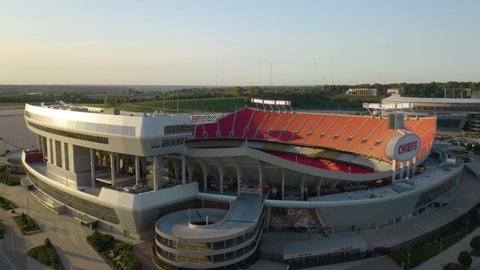 Kansas City , Missouri , United States - 06 13 2021: Close Up Shot of Arrowhead Stadium, Home of the Kansas City Chiefs NFL Team. Orbiting