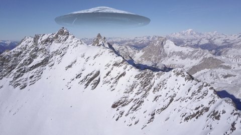 Ufo Armada fleet heading Mother ship, Alps Peak, Aerial
alien invasion Concept in Europe Mountains, Drone view
