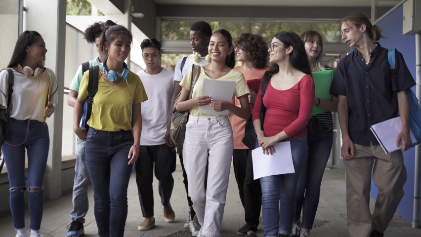 Multi-ethnic group of confident and happy secondary school students going back to classes. Diverse teenager friends arriving walking to High School College. Cultural Diversity in Education and Society Royalty-Free Stock Footage #1075977149