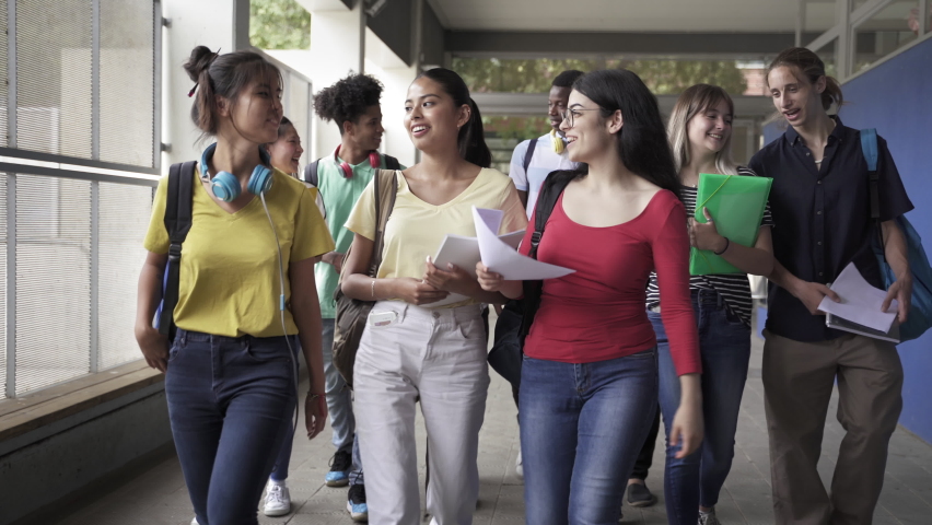 Multi-ethnic group of confident and happy secondary school students going back to classes. Diverse teenager friends arriving walking to High School College. Cultural Diversity in Education and Society Royalty-Free Stock Footage #1075977149