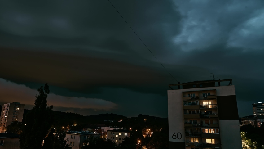 Storm warning, a time-lapse of a passing thunderstorm. Timelapse of beautiful thunderstorm with picturesque lightning illuminating the sky with pink and orange colors. Many dramatic lightning flashes
