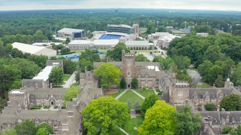 Durham , NC , United States - 06 12 2021: Duke University. Drone flight reveals athletic fields, football stadium, campus grounds.
