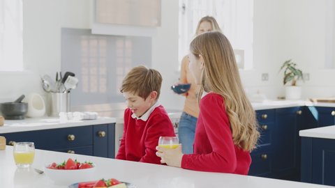 Mother Having Breakfast With Children In School Uniform At Kitchen Counter
