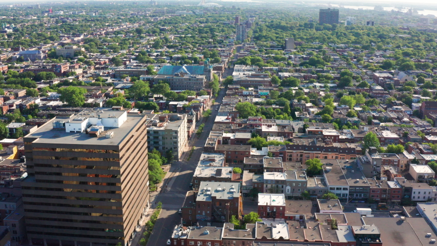Aerial Drone Establishing Shot of Rue Rachel in Montreal's Plateau Mont Royal Neighbourhood Located in Province of Quebec Royalty-Free Stock Footage #1075985534