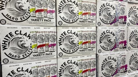 Orlando, FL - USA February 6, 2021: Zooming in on cases of White Claw Hard Seltzer at a Sams Club store.