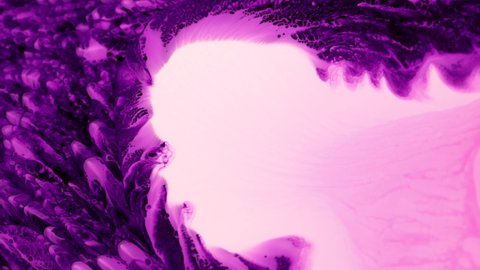 Flowing glitter waving surface. High Flow Fluid Painting. Beautiful metallic pink, purple, lilac texture paint close-up. Liquid slow motion Art. Colorful Chaos Turbulence.