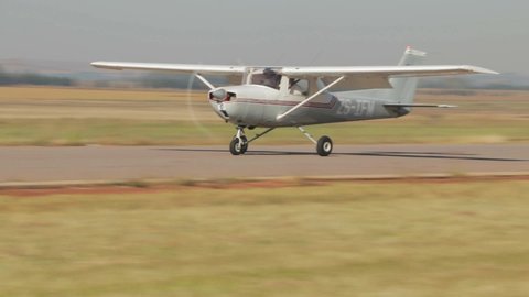 Rhino Park, South Africa - April 10 2021: Cessna 152 lands at the Steady Climb Fly-in