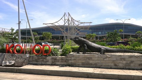 WS Airport terminal building and statue of Komodo dragon, Labuan Bajo, Flores Island, East Nusa Tenggara, Indonesia - December, 9th, 2017