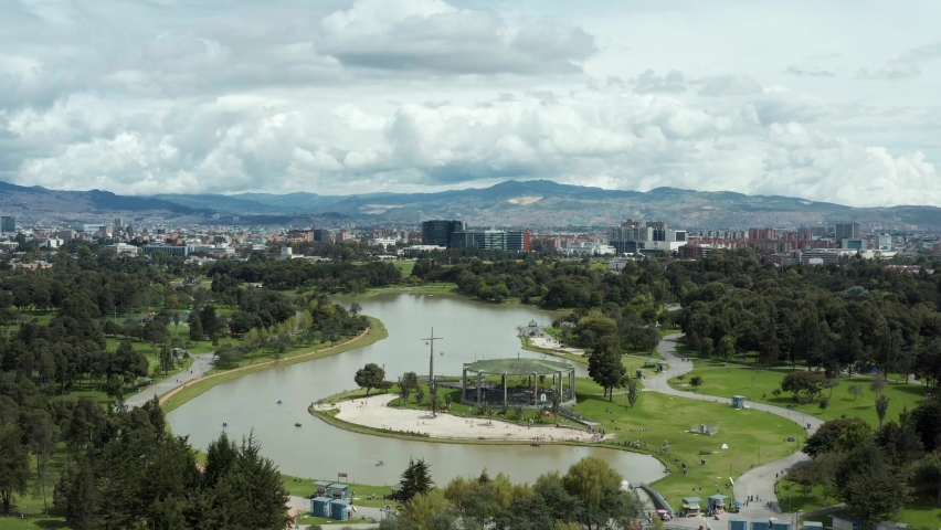 Beautiful lake in Parque Metropolitano Simón Bolívar in Bogota Colombia. 4K drone video. One of the biggest and most beautiful parks in Bogota.