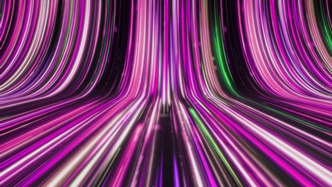 Abstract colorful flow of neon glowing lines forming a bending texture. Animation. Dynamically moving light stripes, seamless loop.