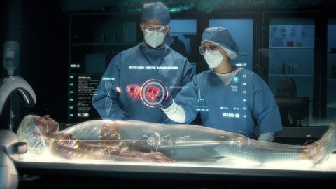 Team of surgeons perform a delicate operation using modern medical full body surgical augmented reality scanner on female patient laying on futuristic holographic bed showing skeletal system.