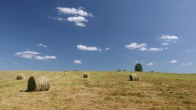 Video shot of rural landscape with lonely tree, blue sky, green grass and hay bales 
