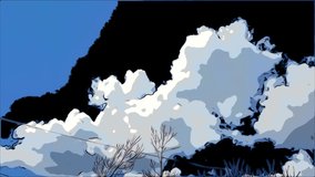 Pixel animation. Clouds, mountains for video game. Time-lapse moving animated Tropical landscape clouds sky cartoon background with beautiful sky animation artificial , Clouds, mountains.