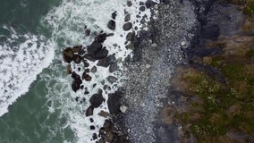 4K 30FPS Aerial Footage Oregon Coast - Waves Crashing Against the Rocky Moss Shore, Turquoise Blue Water, Foamy Water, Contrast- Top Down Shot of Pacific Ocean Shore in South Oregon - DJI Drone Video