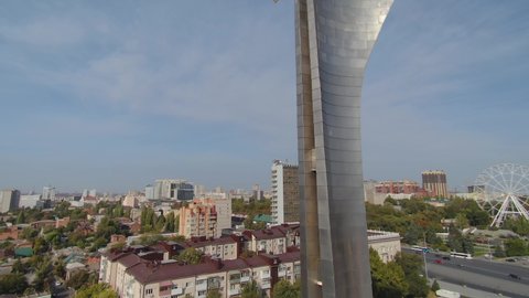 Drone upwards beautiful Rostov on don Russia golden Nika stella main Theater square epic cityscape from above. Travel best downtown landmark. Skyline. Golden winged woman freedom symbol. Summer sunny