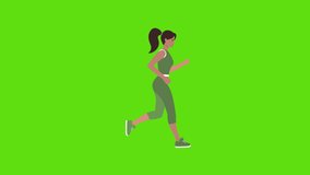A young woman in sportswear runs on a green background . A girl of athletic build is engaged in sports . Animation of the illustration .
