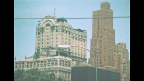 Archival of New York of Whitehall building in the Battery Park area of New York manhattan. Old 1900s skyscraper of New York. United States of America in 1976. Vintage buildings in 1970s. bottom view.