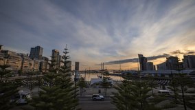 Sunset timelapse video of Bolte Bridge at District Docklands in Melbourne CBD, Australia