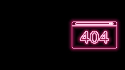 Glowing neon line Page with a 404 error icon isolated on black background. Template reports that the page is not found. 4K Video motion graphic animation.