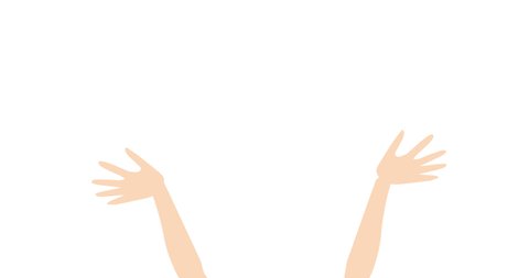 Hand wave animation. Two cartoon hands up waving with arms. Hey, hi, welcome, bye, help. White clean background. 2d toon footage video