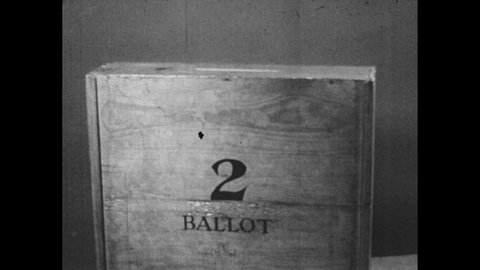 1950s: Man places ballot in ballot box. Estate home. Agricultural laborers at work.