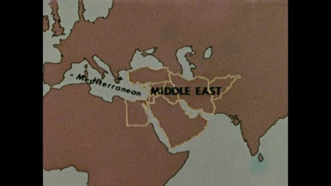 1950s: Middle East on map. Countries on map in Middle East: Israel, Egypt, Iran, Iraq, Jordan, Saudi Arabia, Turkey, Lebanon, Syria. Desert.