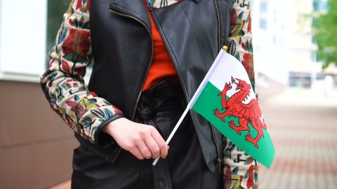 Unrecognizable woman holding Welsh flag. Girl walking down street with national flag of Wales