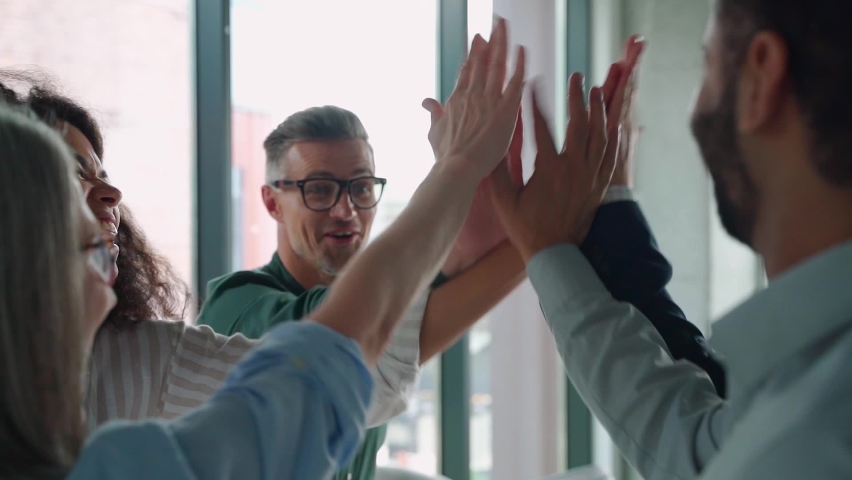 Happy diverse international company staff employees executive team people giving high five in slow motion. Success and leadership, business win, teambuilding collaboration, corporate teamwork concept Royalty-Free Stock Footage #1076059661