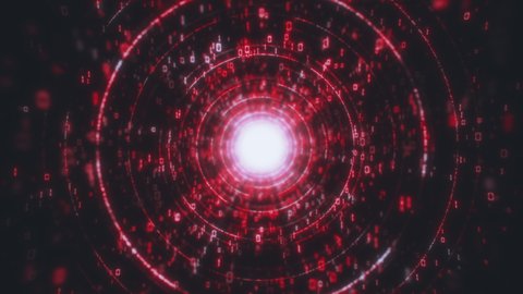 Big Data Technology red Tunnel, Digital Lines, Information Flow, Futuristic Matrix. Particle network with binary code. Technological and related motion background. Seamless loop 3D render