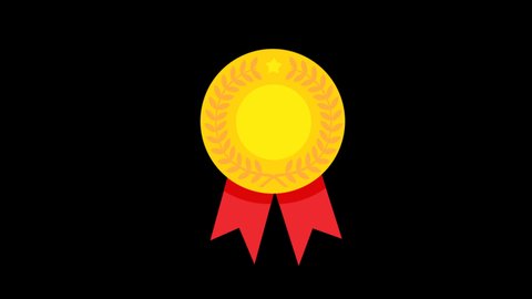 Animated Yellow Gold medal batch with red ribbon, award gold medal with red ribbon, Icon Sign of First Place, Champion Award Medals sport prize. Badge, Awarding of the winner with a gold medal
