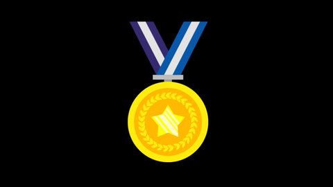 Animated Yellow Gold medal with blue and white ribbon, award gold medal with red ribbon, Icon Sign of First Place, Champion Award Medals sport prize. Badge, Awarding of the winner with a gold medal