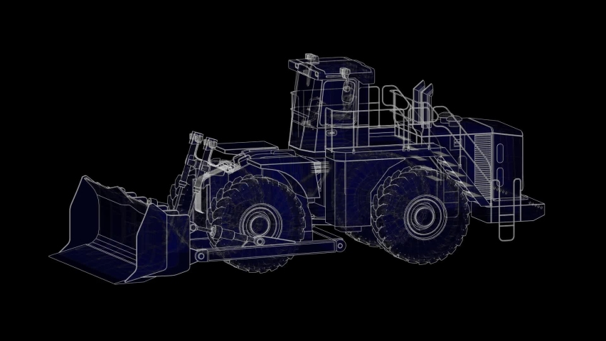 Bulldozer illustration in black and white. vehicle lines spin around. automotive 3D rendering Bulldozer element isolated on a black background. automobile wireframe. Royalty-Free Stock Footage #1076066129