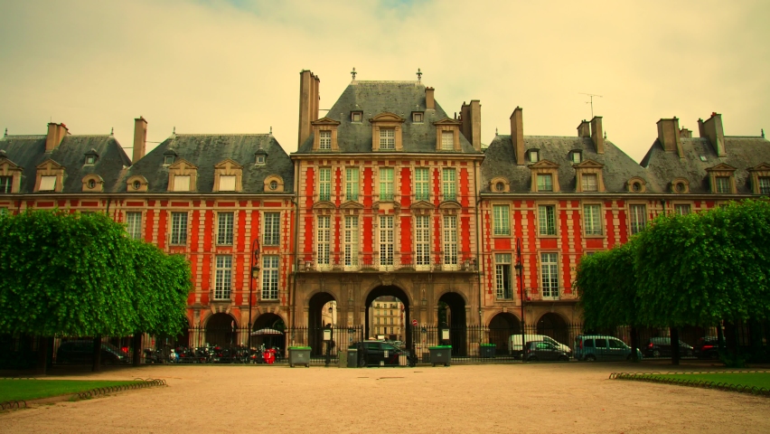 Le Pavillon de la Reine Building Facade In Place des Vosges At Daytime. Luxury Hotel Building In Le Marais, Paris, France. hyperlapse, slider right
