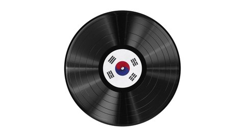 Realistic seamless looping 3D animation of the national flag of South Korea label vinyl record isolated on white rendered in UHD with alpha matte