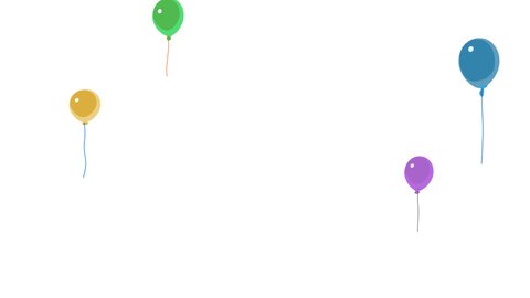 Colorful balloons fly animation on white background. Multicolor group , red, green, pink, purple baloons. Colorful ballon floating up. For party, birthday, holiday, carnival. Cartoon video
