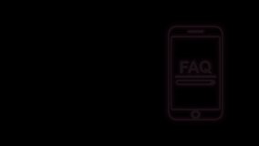 Glowing neon line Mobile phone with text FAQ information icon isolated on black background. Frequently asked questions. 4K Video motion graphic animation.