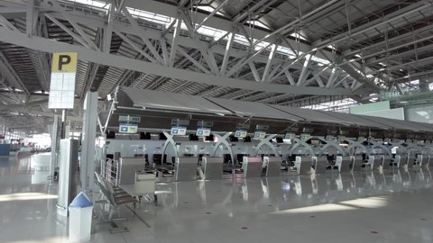 Bangkok, Thailand on July 17,2021 4K footage panning shot of check-in counter at Suvarnabhumi international airport. The counter is closed due to effect from COVID-19 pandemic.