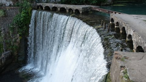 Beautiful Mountain Waterfall in New Athos, Abkhazia. Tourism and Travel Lifestyle Concept