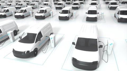 Seamless loop of a Infinite number of  electric vans in a white environment. No people. Electric delivery and logistics